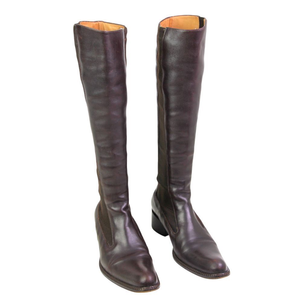 FREE LANCE BROWN GENUINE LEATHER MID HEEL ELASTIC SIDES PULL ON TALL BOOTS Sz 36